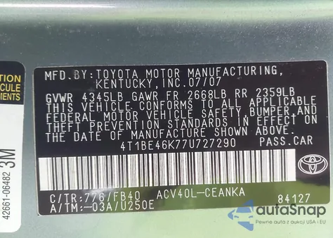 2007 Toyota Camry Le from USA, damaged, VIN 4T1BE46K77U727290